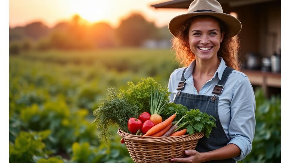 Un fermier souriant sur son champ, présentant des légumes frais, avec en arrière-plan une cuisine moderne, symbolisant le lien entre production et consommation.