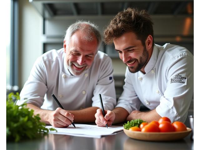 Deux chefs de Jardin Gourmand souriants, collaborant dans une cuisine moderne et lumineuse.