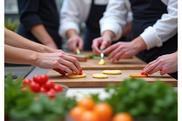 Un groupe de participants concentrés pendant un atelier culinaire de Jardin Gourmand, préparant des plats raffinés.
