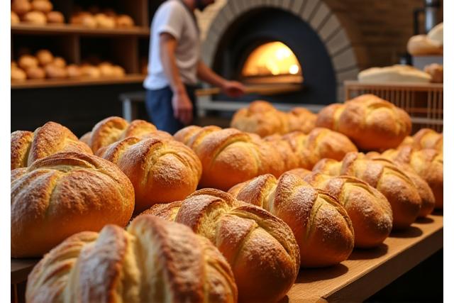 Vue intérieure d'une boulangerie artisanale de Jardin Gourmand avec des pains dorés et des pâtisseries fines.