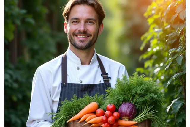 Un chef de Jardin Gourmand devant un mur végétal, présentant une sélection de légumes frais et locaux, symbolisant l'engagement durable.