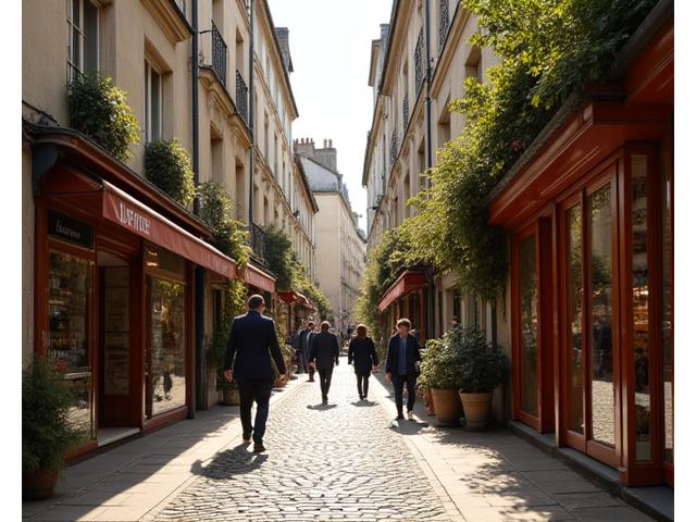 Une scène charmante de la rue des Rosiers dans le Marais, Paris, avec des boutiques traditionnelles et des passants.