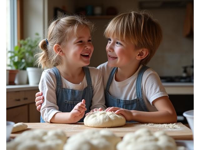 Un enfant et un adulte riant en façonnant de la pâte dans un atelier familial.