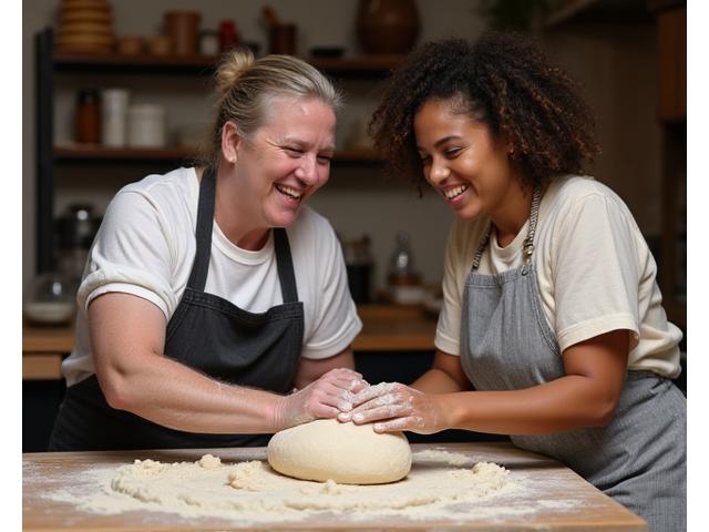 Des participants souriants façonnant du pain dans un atelier de boulangerie.