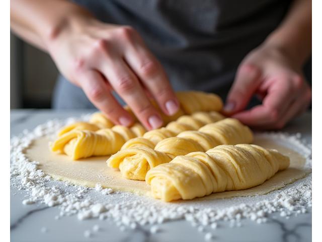 Des mains travaillant la pâte feuilletée pour des croissants dans un atelier.