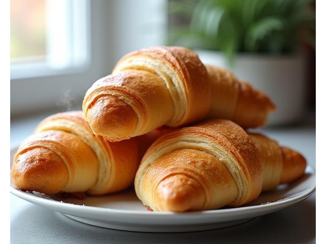 Trois croissants au beurre dorés et feuilletés, prêts à être dégustés.