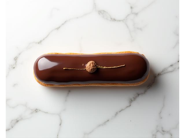 Un éclair au chocolat brillant et élégamment dressé sur un plat.