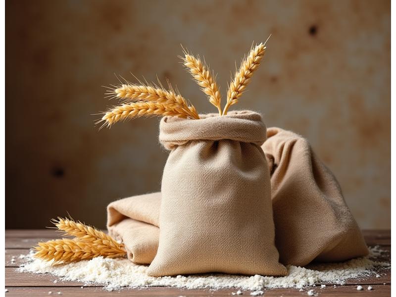 Des sacs de farine artisanale et des épis de blé, symbolisant la matière première.