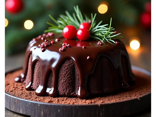 Une bûche de Noël élégamment décorée avec du chocolat et des baies rouges.