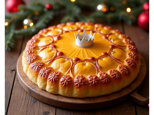 Une galette des rois dorée et feuilletée, avec une couronne.