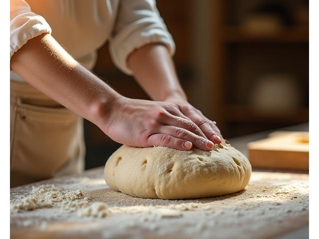 Boulanger pâtissier artisanal travaillant la pâte fraîche dans la boulangerie Jardin Gourmand