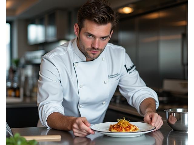 Chef traiteur en pleine action, préparant un plat gourmet pour Jardin Gourmand