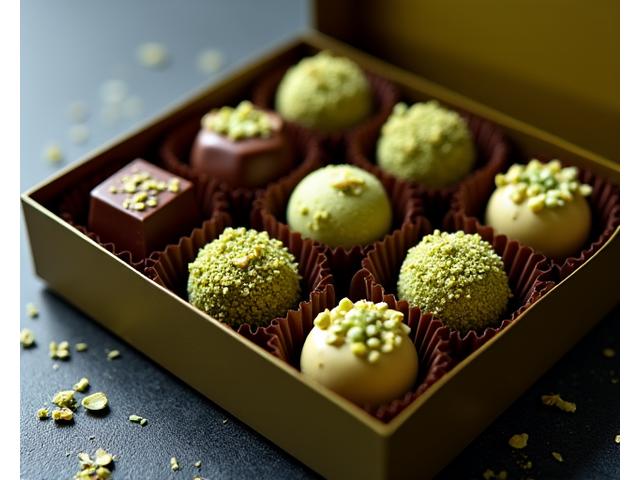 Assortiment de chocolats artisanaux à la pistache, incluant des truffes enrobées de poudre de pistache, des carrés de chocolat fourrés praliné pistache, et des bonbons de chocolat colorés, présentés dans une boîte élégante.