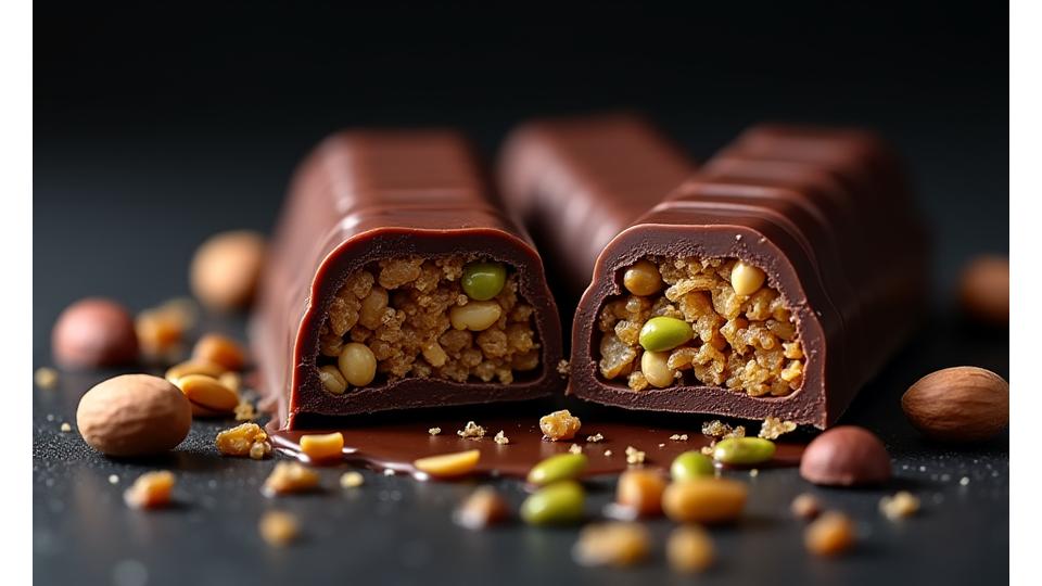 Une barre de chocolat 'Dubai' cassée en deux, révélant une garniture généreuse de pistaches entières et de kadaif croustillant noyées dans un chocolat riche. Le tout sur un fond élégant et discret.
