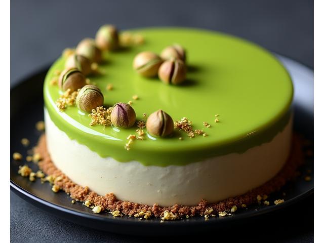 Un entremet pistache et chocolat blanc, avec une glaçage miroir brillant, des couches distinctes de mousse pistache et crème au chocolat blanc, décoré de pistaches entières et de feuilles d'or.