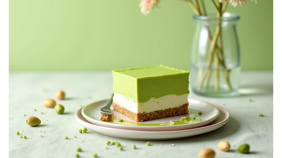 Une pâtisserie à la pistache parfaitement mise en scène pour Instagram, avec un focus sur la couleur verte vibrante, une composition artistique avec quelques pistaches entières en arrière-plan flou, bien éclairée par une lumière douce.