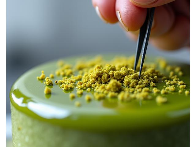 Vue en macro d'une entremet en cours de décoration, où une main précise dépose des pistaches concassées sur un glaçage vert brillant. L'environnement est un laboratoire de pâtisserie propre et ordonné.