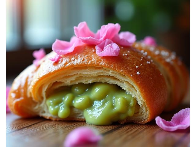 Gros plan hypnotique d'un croissant à la pistache et à la rose, avec des couches feuilletées visibles et une garniture verte vibrante débordante.