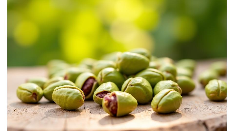 Gros plan sur des pistaches de Sicile DOP non décortiquées et décortiquées, présentant leur couleur verte vive et leur texture caractéristique, avec un léger flou d'un champ de pistachiers en arrière-plan.