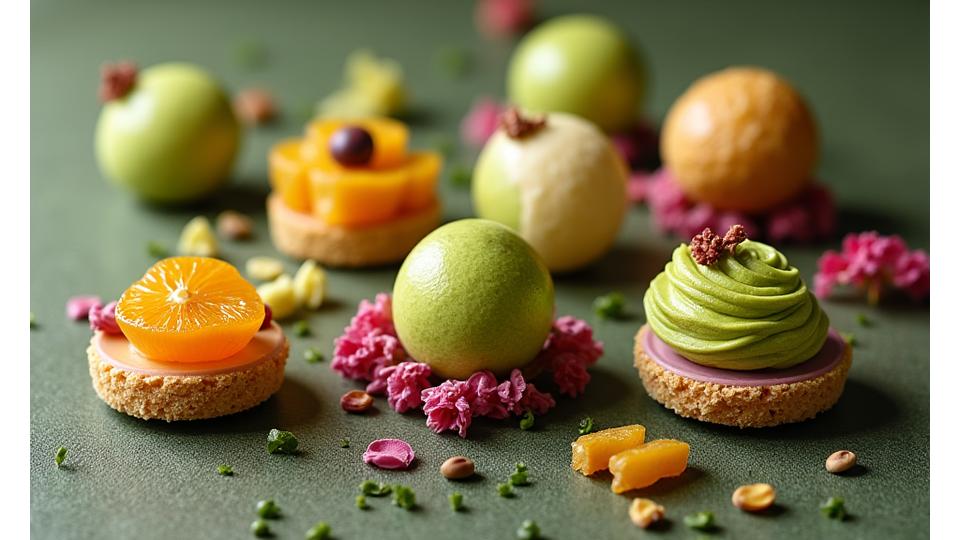 Une composition élégante de desserts à la pistache d'édition limitée, certains avec des touches d'orange sanguine et des notes florales de rose, sur des fonds texturés qui évoquent les saisons. Une lumière diffuse et douce met en valeur les détails.
