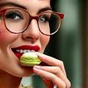 Photo d'un client dégustant un macaron à la pistache de Jardin Gourmand, avec un sourire de satisfaction, lumière naturelle.