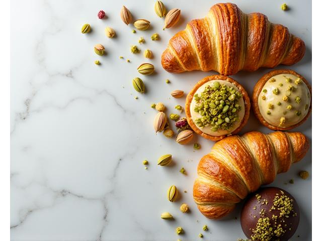 Assortiment de viennoiseries à la pistache, incluant des croissants, pains au chocolat revisités, et escargots, sur une plaque de marbre, avec des pistaches concassées autour.