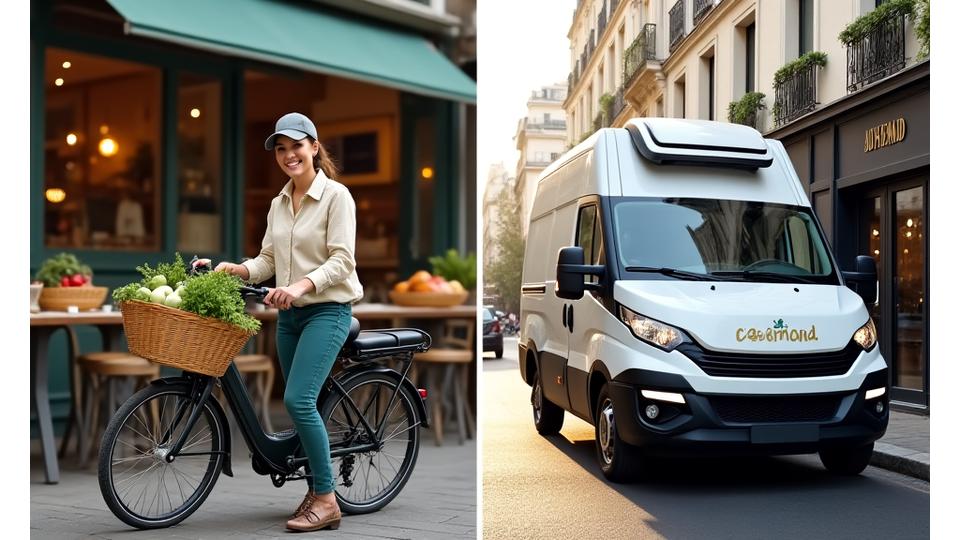Une photo composite montrant un livreur souriant en vélo électrique devant une boulangerie parisienne avec des paniers de légumes frais, et un véhicule réfrigéré moderne stationné devant un restaurant, symbolisant la variété des options de livraison de Jardin Gourmand.