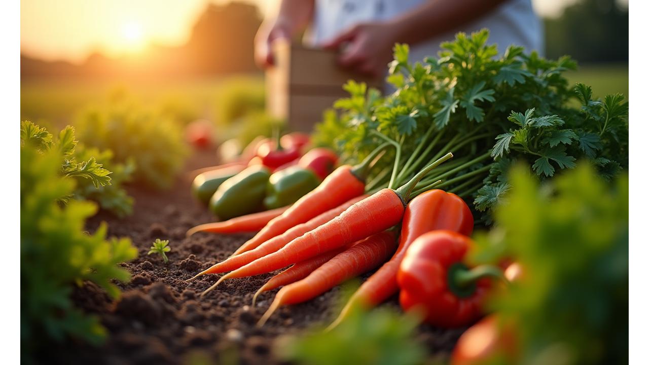 Time-lapse d'une récolte matinale de légumes frais, du champ à la livraison dans la cuisine d'un restaurant, avec des indicateurs de fraîcheur et de transport rapide.