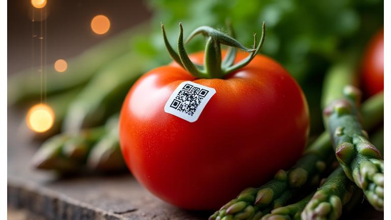 Démonstration du système de traçabilité des produits frais, avec un gros plan sur un QR code sur des fruits et légumes, et un graphique représentant une chaîne logistique sécurisée par la blockchain.