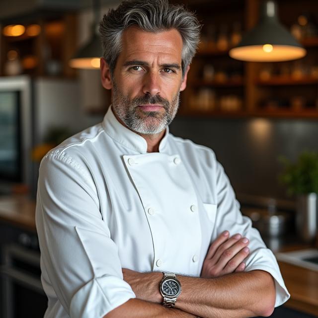 Portrait du Chef Antoine Dubois en tenue de cuisine, regard concentré, dans une cuisine moderne.