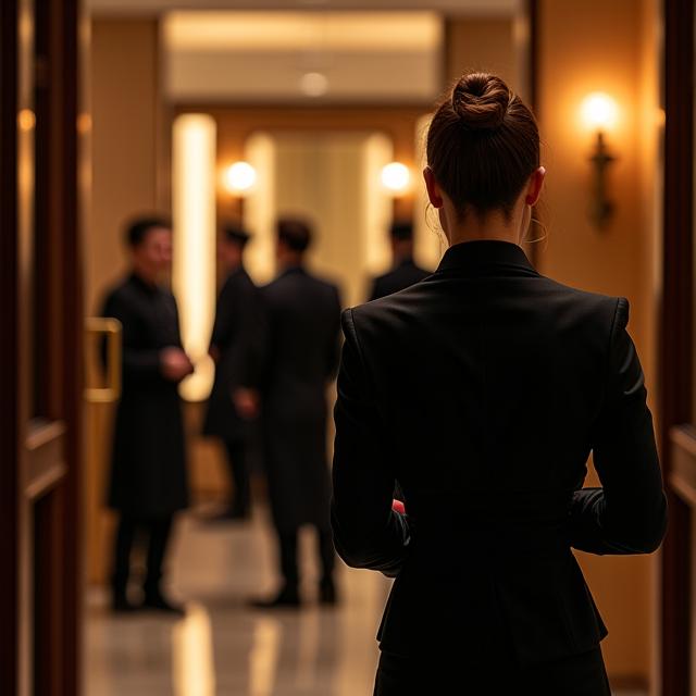 Vue depuis l'entrée d'un restaurant gastronomique, l'équipe en tenue impeccable accueillant les invités dans une ambiance chaleureuse.
