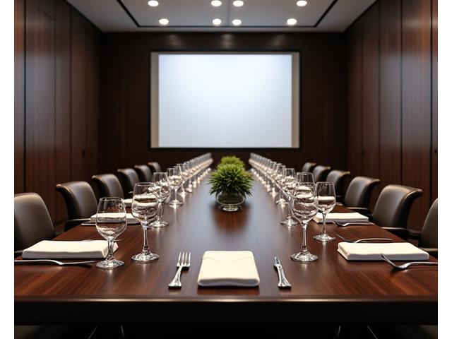 Configuration de table pour un dîner d'affaires sophistiqué dans le salon privé, avec un projecteur discret.