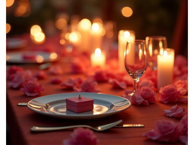 Ambiance romantique avec bougies et pétales de roses pour une demande en mariage intime, dans le salon privé.