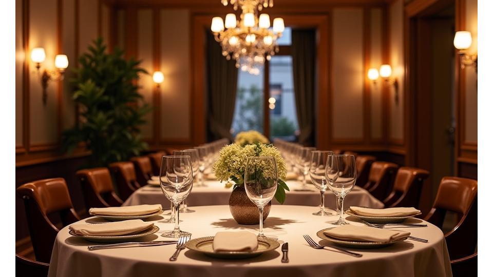 Intérieur élégant du salon privé avec mobilier d'époque et éclairage chaleureux, une table dressée pour un dîner intime.