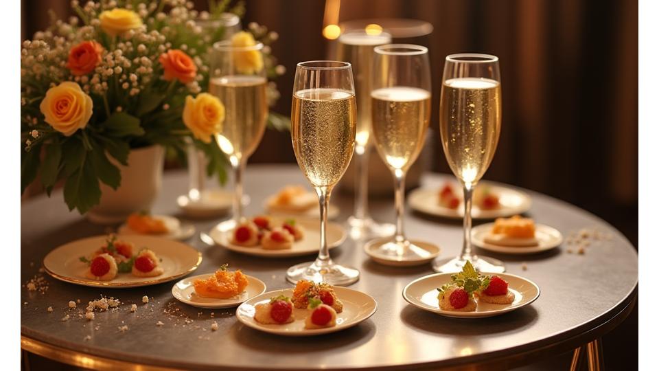 Une élégante table basse avec des verres de champagne et des petits fours festifs, décorée pour une célébration spéciale.