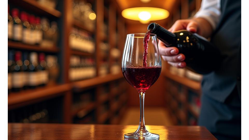 Main d'un sommelier versant délicatement du vin rouge dans un verre cristallin, avec une cave à vin éclairée en arrière-plan.
