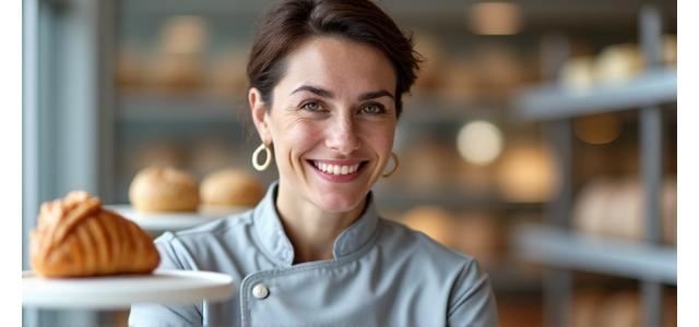 Portrait de la Cheffe Claire Martin, élégante et concentrée devant un four à pâtisserie.