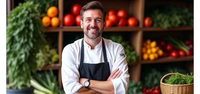 Portrait du Chef Marc Leroy, souriant devant une étagère de produits frais.