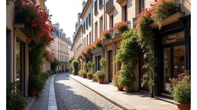 Détails architecturaux charmants du quartier du Marais à Paris, avec une boulangerie en arrière-plan.