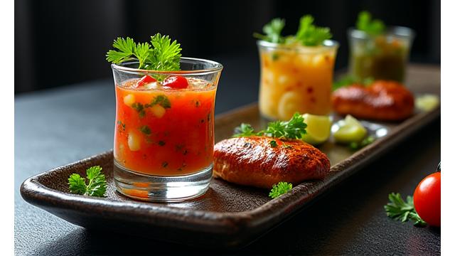 Vue aérienne d'assiettes de tapas sud-américaines colorées et vivantes, avec des ingrédients frais.