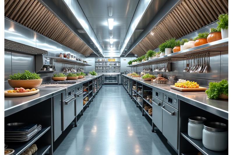 Vue d'une cuisine professionnelle moderne et impeccable de Jardin Gourmand, avec des chefs au travail.