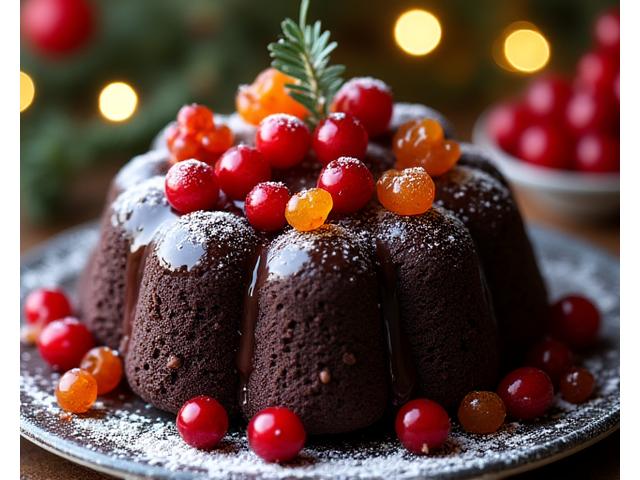 Bûche de Noël au chocolat noir intense et aux fruits rouges, décorée festivement.