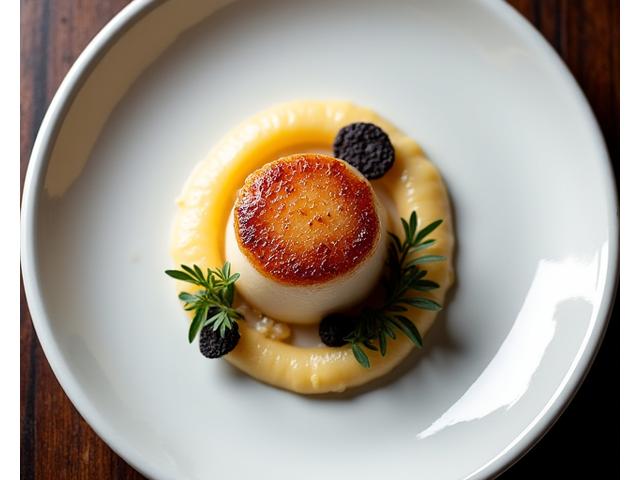 Coquilles Saint-Jacques poêlées sur lit de purée de panais à la truffe noire.