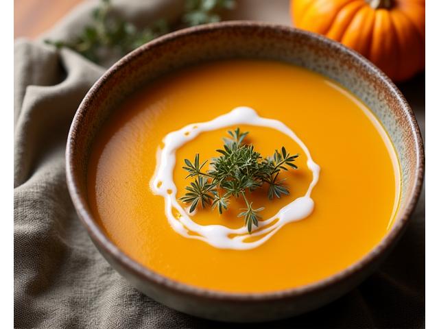 Bol de potage de légumes racines velouté, garni de croûtons et d'herbes fraîches.