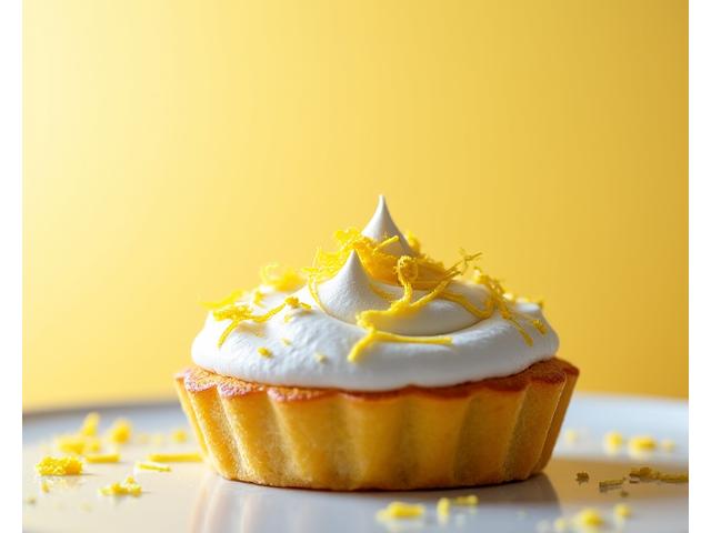 Tarte au citron meringuée individuelles, artistiquement dressées avec des zestes de citron.
