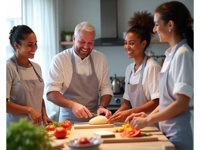 Groupe de participants riant et cuisinant ensemble lors d'un atelier culinaire interactif.