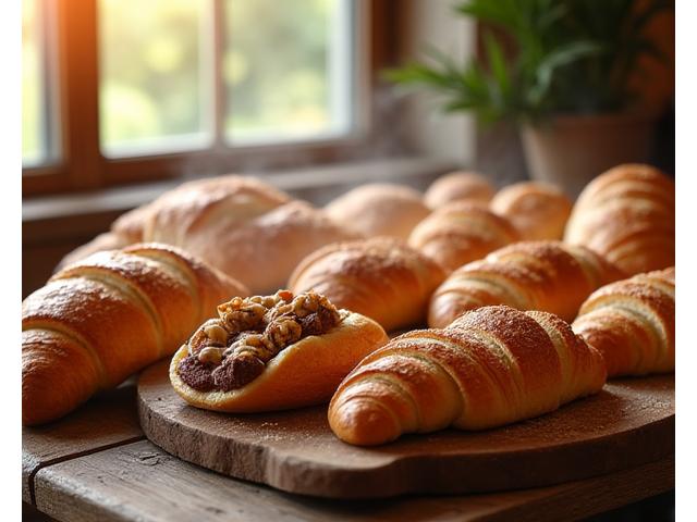 Assortiment de viennoiseries et pains artisanaux français, fraîchement sortis du four.