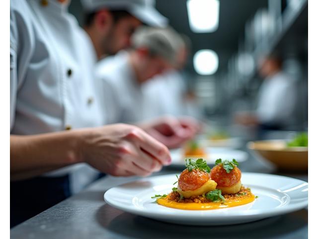 Un chef en uniforme professionnel dressant une assiette sophistiquée dans une cuisine animée.