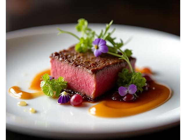 Plat gastronomique délicatement présenté, mettant en valeur des ingrédients fins et une esthétique culinaire.