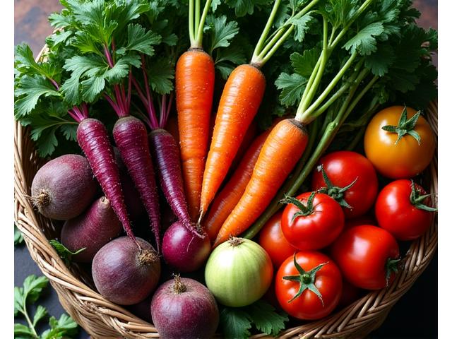 Panier de légumes de saison vibrants et produits frais provenant de producteurs locaux.
